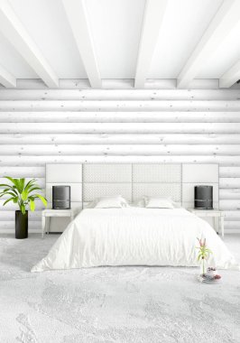 Beyaz yatak odası en az stil iç tasarım ahşap duvar ile. 3D render. 3D çizim