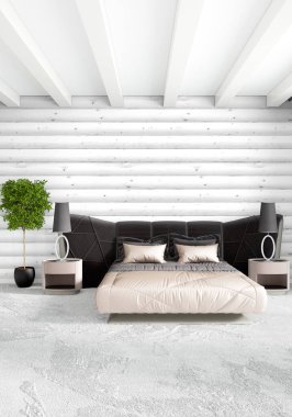 Beyaz yatak odası en az stil iç tasarım ahşap duvar ve karanlık Kanepeli. 3D render. 3D çizim