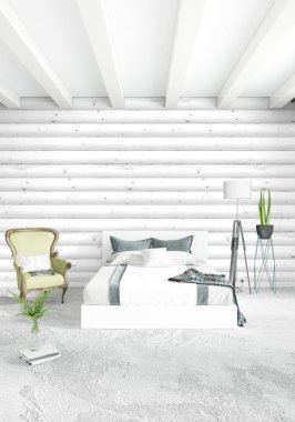 Beyaz yatak odası en az stil iç tasarım ahşap duvar ile. 3D render. 3D çizim