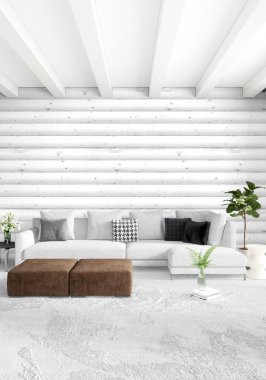 Beyaz yatak odası en az stil iç tasarım ahşap duvar ile. 3D render. 3D çizim