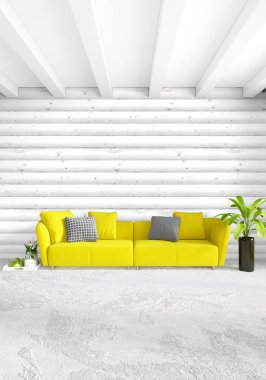 En az yatak odası iç tasarım ahşap duvar, sarı kanepe ve boş bir çerçeve içine boşaltmak. 3D render. 3D çizim
