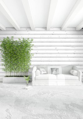 Beyaz yatak odası en az stil iç tasarım ahşap duvar ile. 3D render. 3D çizim