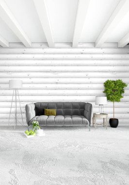 Beyaz yatak odası en az stil iç tasarım ahşap duvar ile. 3D render. 3D çizim