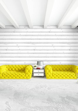 En az yatak odası iç tasarım ahşap duvar, sarı kanepe ve boş bir çerçeve içine boşaltmak. 3D render. 3D çizim