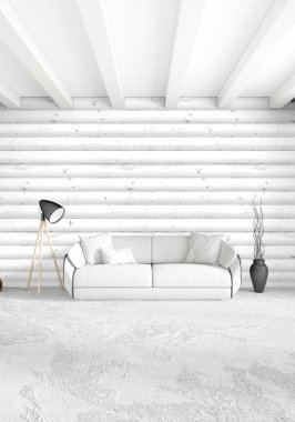 Beyaz yatak odası en az stil iç tasarım ahşap duvar ile. 3D render. 3D çizim