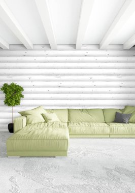 Beyaz yatak odası en az stil iç tasarım ahşap duvar ile. 3D render. 3D çizim