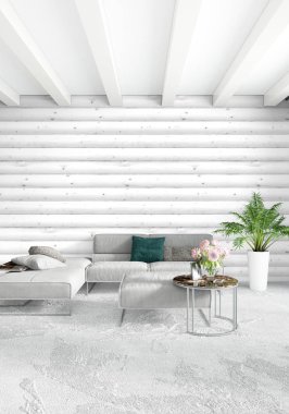 Beyaz yatak odası en az stil iç tasarım ahşap duvar ve gri Kanepeli. 3D render. 3D çizim