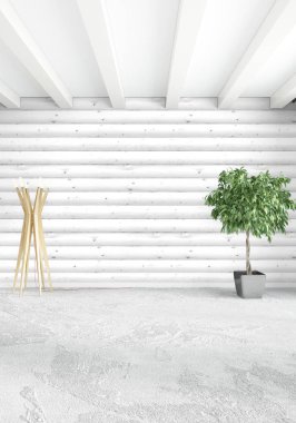 Beyaz yatak odası en az stil iç tasarım ahşap duvar ile. 3D render. 3D çizim