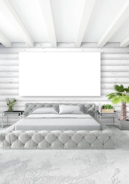 Beyaz yatak odası en az stil iç tasarım ahşap duvar ve gri Kanepeli. 3D render. 3D çizim