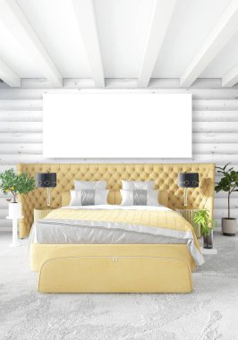 En az yatak odası iç tasarım ahşap duvar, sarı kanepe ve boş bir çerçeve içine boşaltmak. 3D render. 3D çizim
