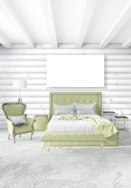 Beyaz yatak odası en az iç tasarım ahşap duvar ve boş bir çerçeve içine boşaltmak. 3D render. 3D çizim