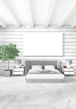 Beyaz yatak odası en az iç tasarım ahşap duvar ve boş bir çerçeve içine boşaltmak. 3D render. 3D çizim