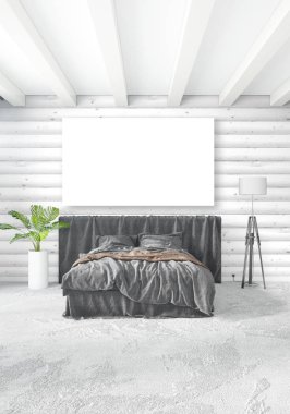 Beyaz yatak odası en az stil iç tasarım ahşap duvar ve gri Kanepeli. 3D render. 3D çizim