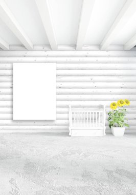 Beyaz yatak odası en az iç tasarım ahşap duvar ve boş bir çerçeve içine boşaltmak. 3D render. 3D çizim