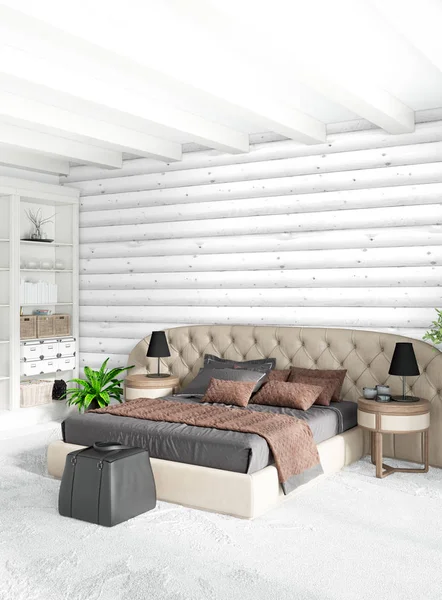 Biała sypialnia minimalistycznym stylu wnętrz z drewna ściany i ciemny kanapa. renderowania 3D. ilustracja 3D — Zdjęcie stockowe
