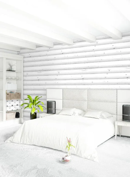 Quarto branco estilo mínimo Design de interiores com parede de madeira. Renderização 3D. Ilustração 3D — Fotografia de Stock