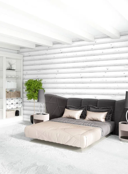 Beyaz yatak odası en az stil iç tasarım ahşap duvar ve karanlık Kanepeli. 3D render. 3D çizim — Stok fotoğraf