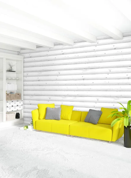 Dormitorio mínimo Pared de madera de diseño interior, sofá amarillo. Representación 3D. Ilustración 3D —  Fotos de Stock