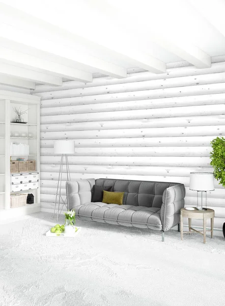 Beyaz yatak odası en az stil iç tasarım ahşap duvar ve gri Kanepeli. 3D render. 3D çizim