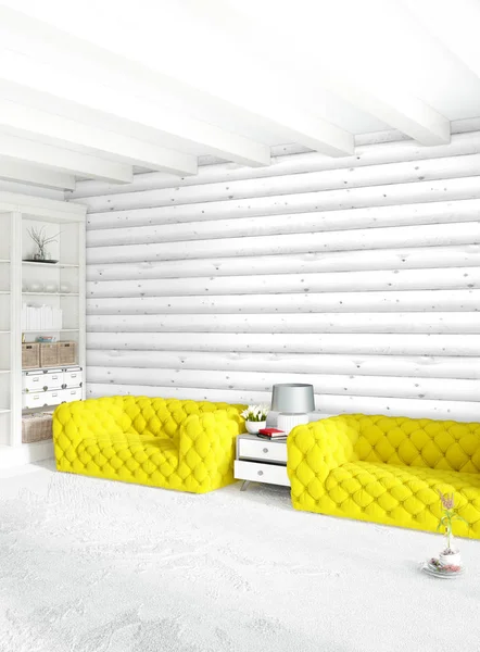 En az yatak odası iç tasarım ahşap duvar, sarı kanepe ve boş bir çerçeve içine boşaltmak. 3D render. 3D çizim