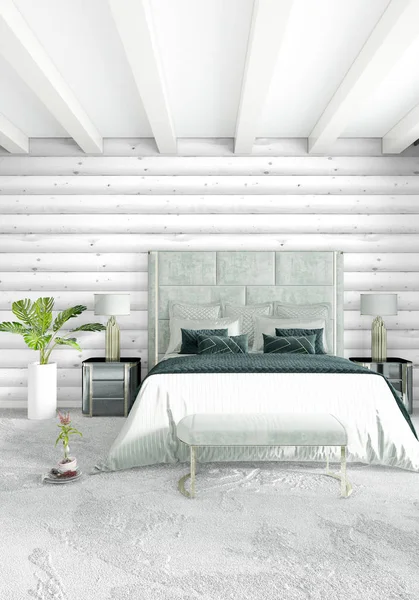 Beyaz yatak odası en az stil iç tasarım ahşap duvar ve gri Kanepeli. 3D render. 3D çizim
