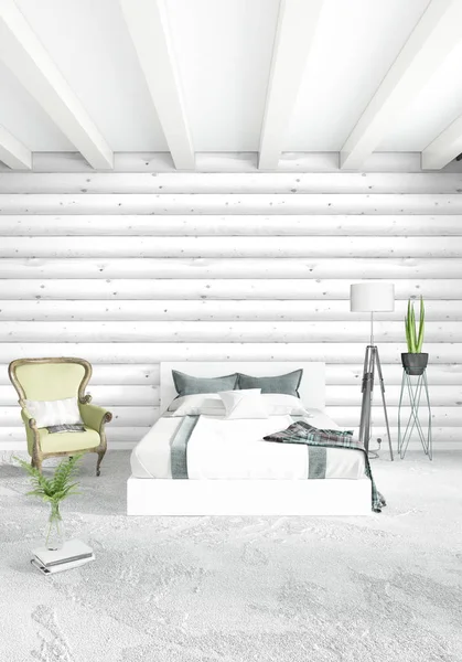 Beyaz yatak odası en az stil iç tasarım ahşap duvar ile. 3D render. 3D çizim