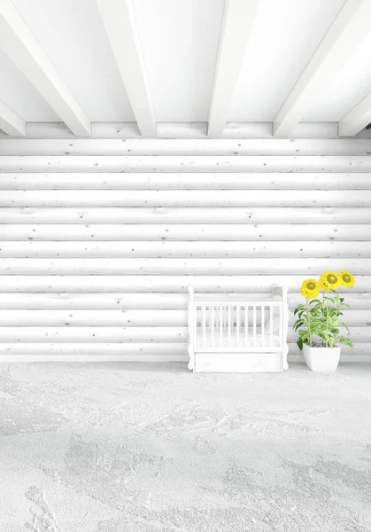 Beyaz yatak odası en az stil iç tasarım ahşap duvar ile. 3D render. 3D çizim