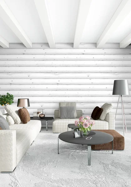 Beyaz yatak odası en az stil iç tasarım ahşap duvar ile. 3D render. 3D çizim