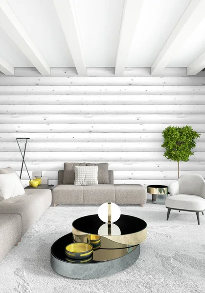 Dormitorio blanco estilo minimalista Diseño interior con pared de madera. Representación 3D. Ilustración 3D — Foto de Stock