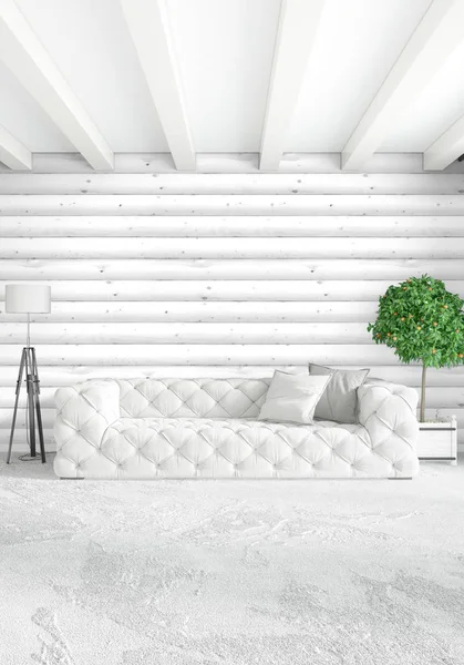 Beyaz yatak odası en az stil iç tasarım ahşap duvar ile. 3D render. 3D çizim