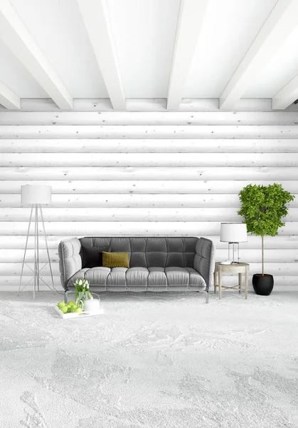 Beyaz yatak odası en az stil iç tasarım ahşap duvar ile. 3D render. 3D çizim