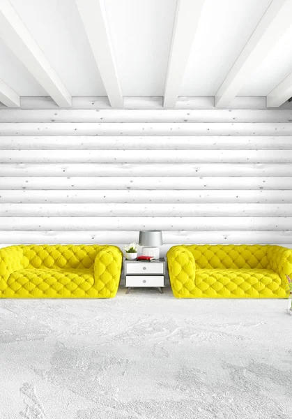 En az yatak odası iç tasarım ahşap duvar, sarı kanepe ve boş bir çerçeve içine boşaltmak. 3D render. 3D çizim