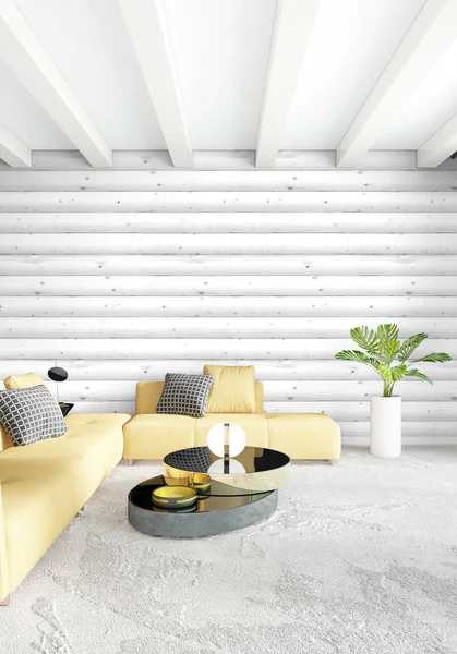 Dormitorio mínimo Pared de madera de diseño interior, sofá amarillo y espacio para copiar en un marco vacío. Representación 3D. Ilustración 3D — Foto de Stock
