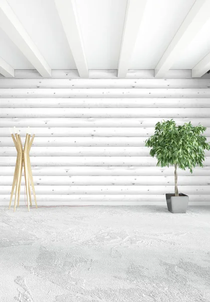 Beyaz yatak odası en az stil iç tasarım ahşap duvar ile. 3D render. 3D çizim