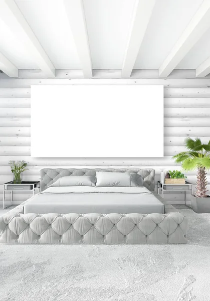 Beyaz yatak odası en az stil iç tasarım ahşap duvar ve gri Kanepeli. 3D render. 3D çizim