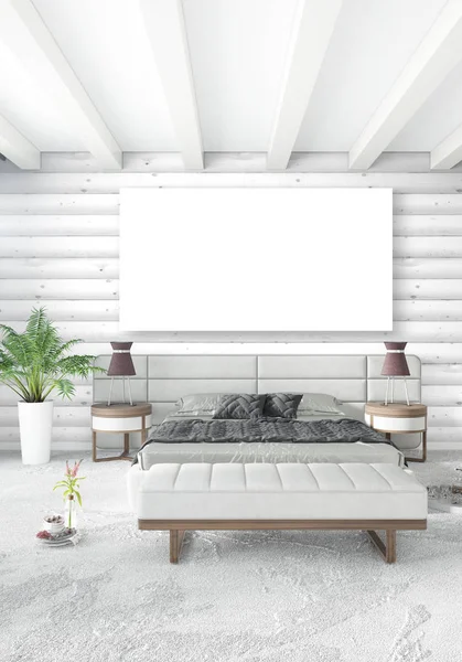 Beyaz yatak odası en az stil iç tasarım ahşap duvar ve gri Kanepeli. 3D render. 3D çizim