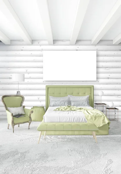 Beyaz yatak odası en az iç tasarım ahşap duvar ve boş bir çerçeve içine boşaltmak. 3D render. 3D çizim