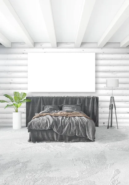 Beyaz yatak odası en az stil iç tasarım ahşap duvar ve gri Kanepeli. 3D render. 3D çizim