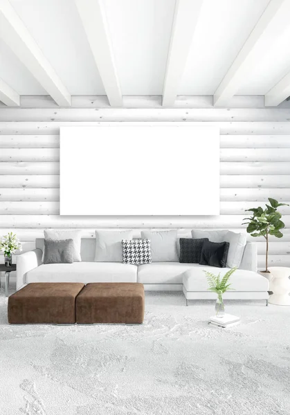 백색 침실 나무 벽과 copyspace 빈 프레임에 최소한의 인테리어 디자인. 3d 렌더링입니다. 3 차원 일러스트 레이 션 — 스톡 사진