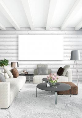 Beyaz yatak odası en az iç tasarım ahşap duvar ve boş bir çerçeve içine boşaltmak. 3D render. 3D çizim