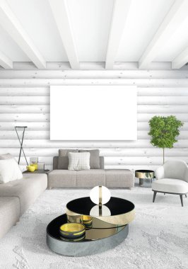 Beyaz yatak odası en az iç tasarım ahşap duvar ve boş bir çerçeve içine boşaltmak. 3D render. 3D çizim