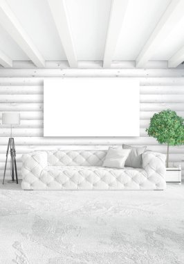 Beyaz yatak odası en az iç tasarım ahşap duvar ve boş bir çerçeve içine boşaltmak. 3D render. 3D çizim