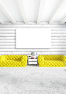 En az yatak odası iç tasarım ahşap duvar, sarı kanepe ve boş bir çerçeve içine boşaltmak. 3D render. 3D çizim