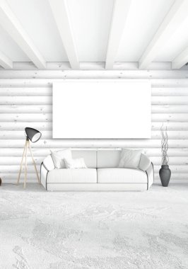 Beyaz yatak odası en az iç tasarım ahşap duvar ve boş bir çerçeve içine boşaltmak. 3D render. 3D çizim