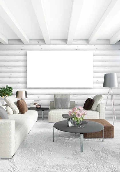 Beyaz yatak odası en az iç tasarım ahşap duvar ve boş bir çerçeve içine boşaltmak. 3D render. 3D çizim