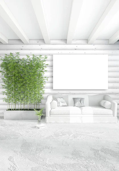 Kamar tidur putih minimal desain interior dengan dinding kayu dan ruang penyalinan ke dalam bingkai kosong. Perilisan 3D. Ilustrasi 3D — Stok Foto
