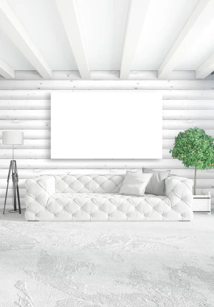 Beyaz yatak odası en az iç tasarım ahşap duvar ve boş bir çerçeve içine boşaltmak. 3D render. 3D çizim