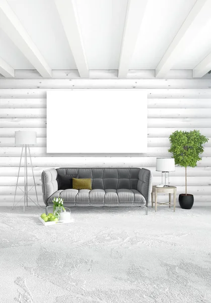 Beyaz yatak odası en az stil iç tasarım ahşap duvar ve gri Kanepeli. 3D render. 3D çizim