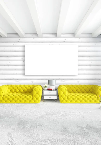 Minimale Schlafzimmer Innenarchitektur Holzwand, gelbes Sofa und Copyspace in einen leeren Rahmen. 3D-Darstellung. 3D-Illustration — Stockfoto