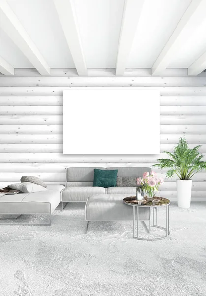 Beyaz yatak odası en az iç tasarım ahşap duvar ve boş bir çerçeve içine boşaltmak. 3D render. 3D çizim